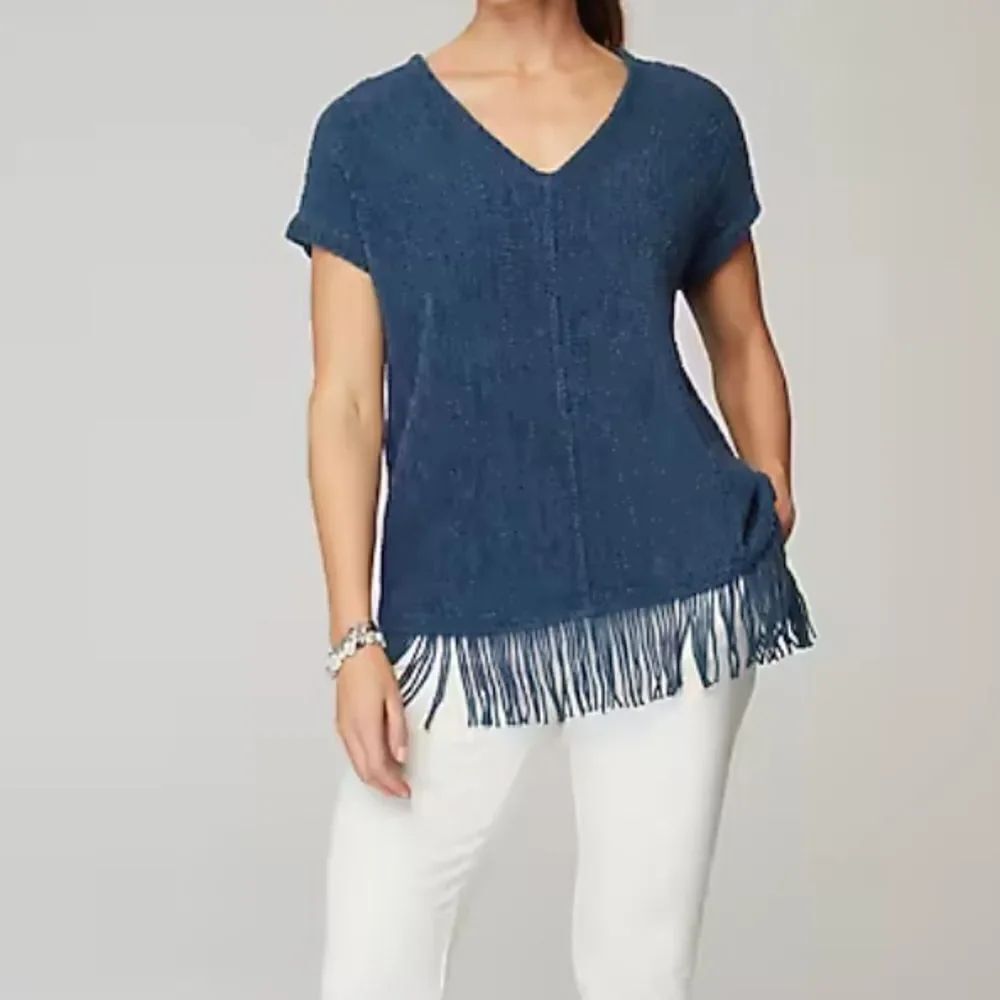 Pure Jill - J.Jill Fringed-Hem V-Neck Navy Blue Sweater in Size Medium